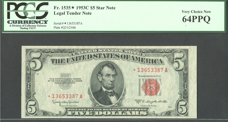 Fr.1535*, 1953C $5, LT Star, vChCU, PCGS64-PPQ